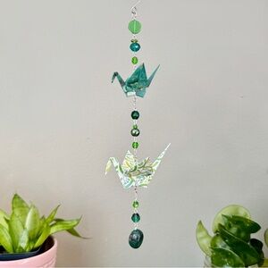 Origami Ornament #2387 - Double Crane with Glass and Stone Beads